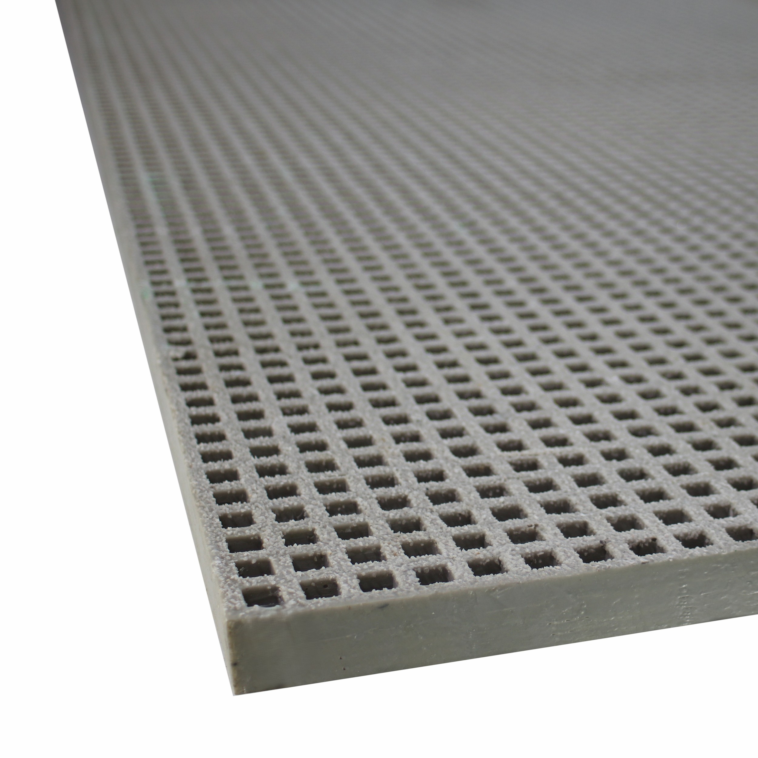 Grey 38 mm mini mesh GRP grating panel with a close gritted walking surface