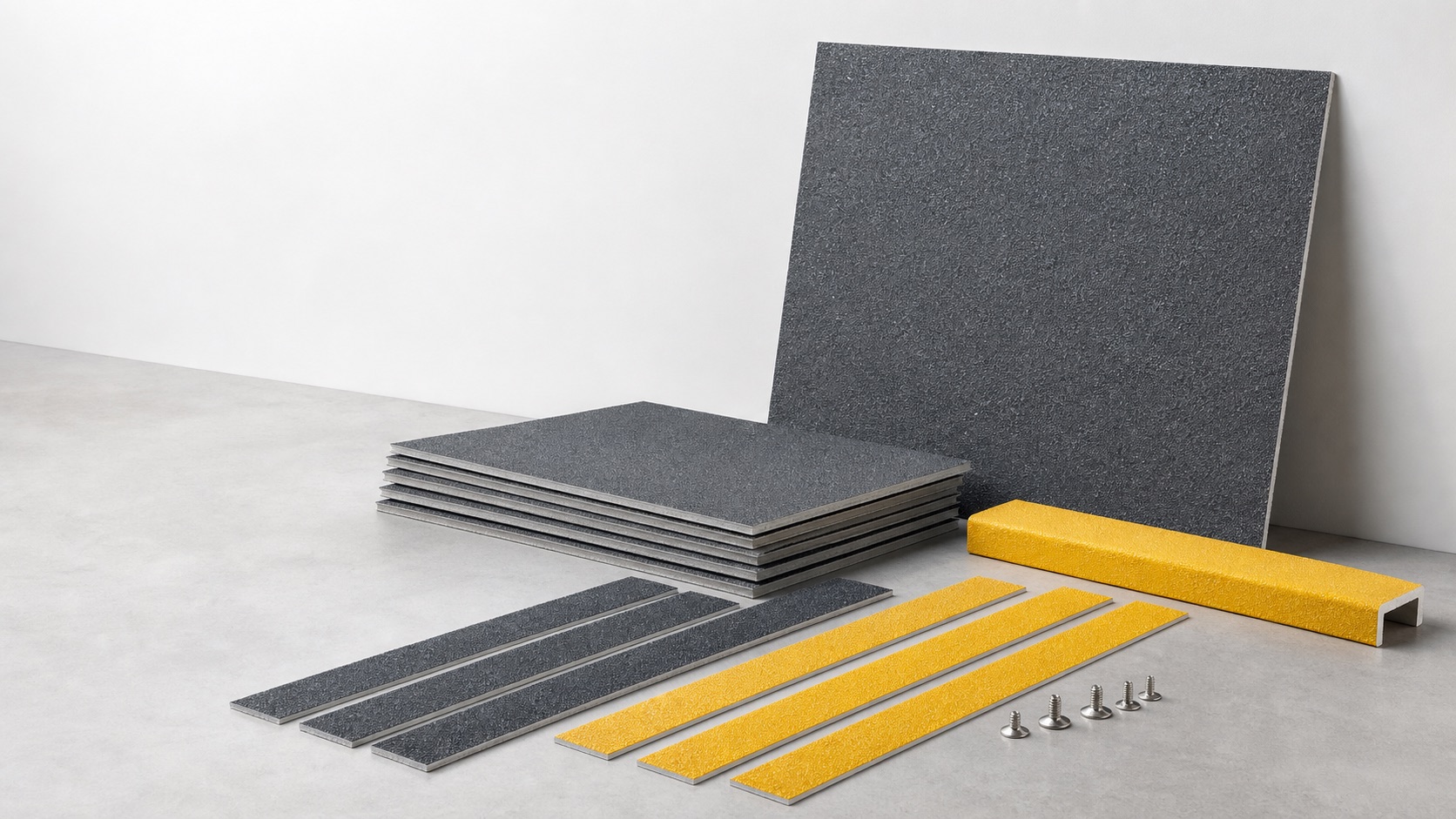 Grey and yellow GRP anti-slip sheets, strips and stair nosing samples