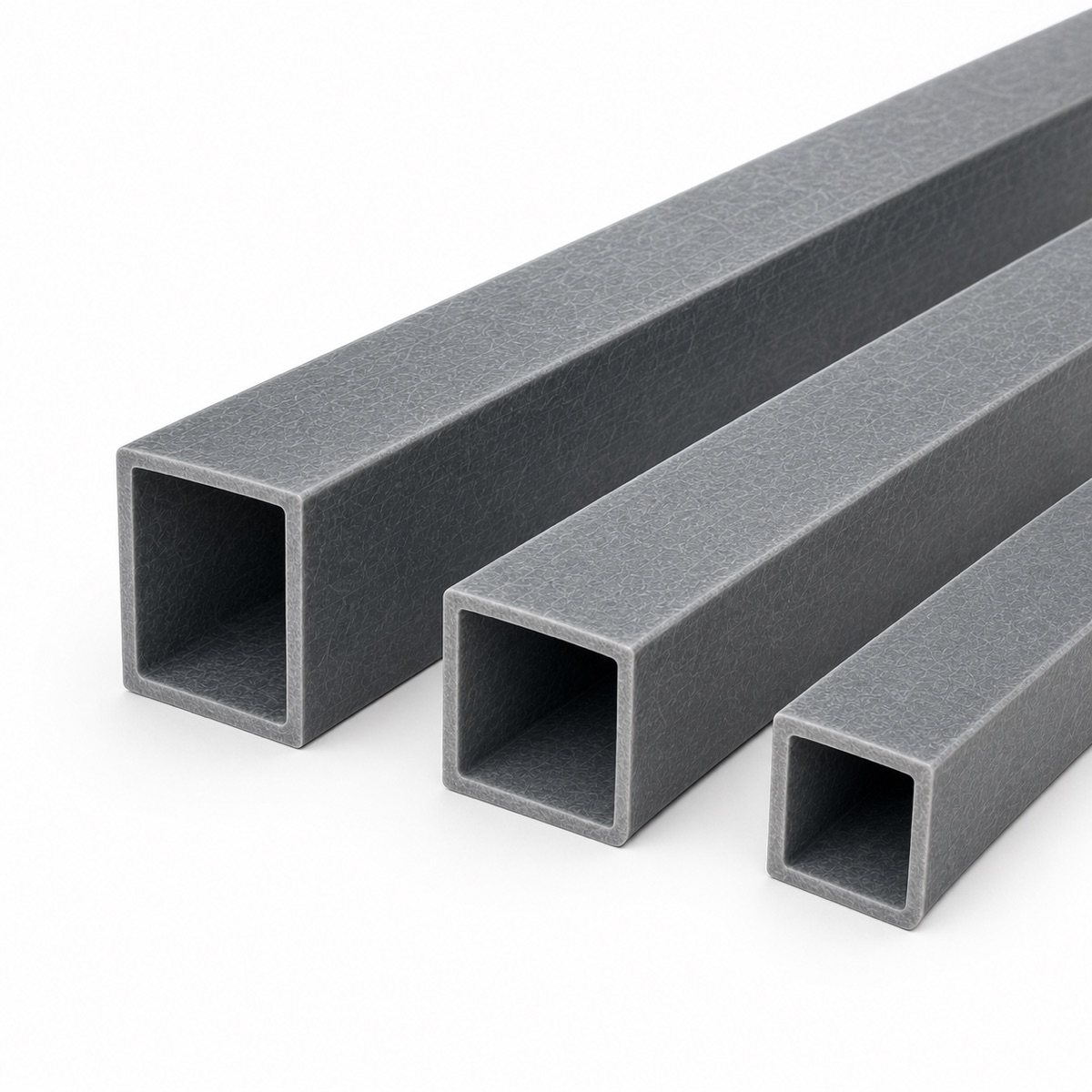 Clean studio view of pultruded GRP box section profiles