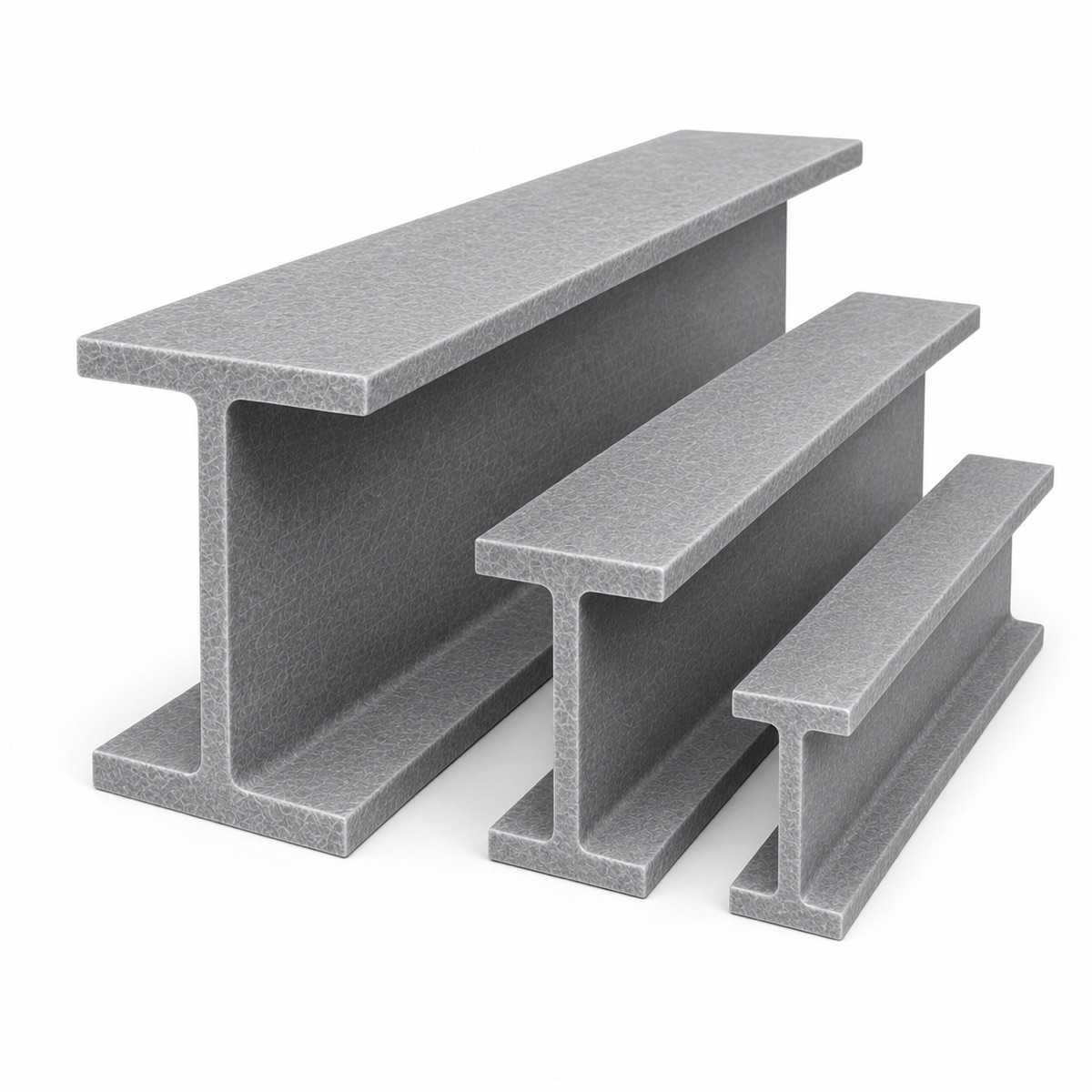 Clean studio view of pultruded GRP I-beam and H-profile sections