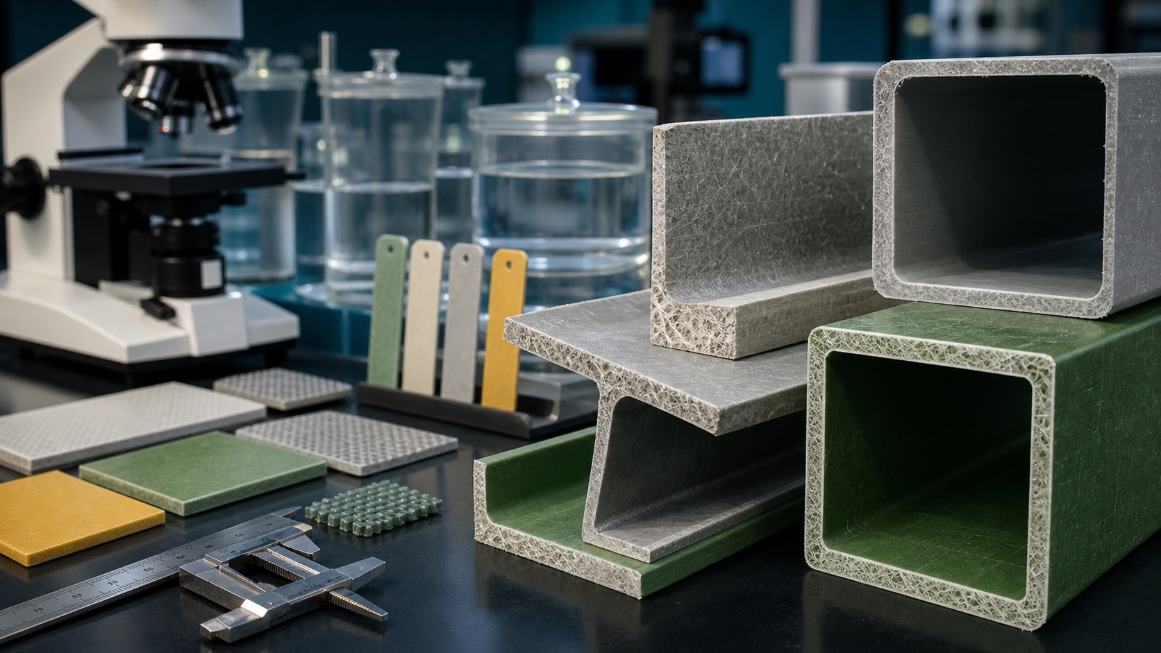 Grey and green GRP box sections, channels and material samples arranged beside laboratory inspection equipment