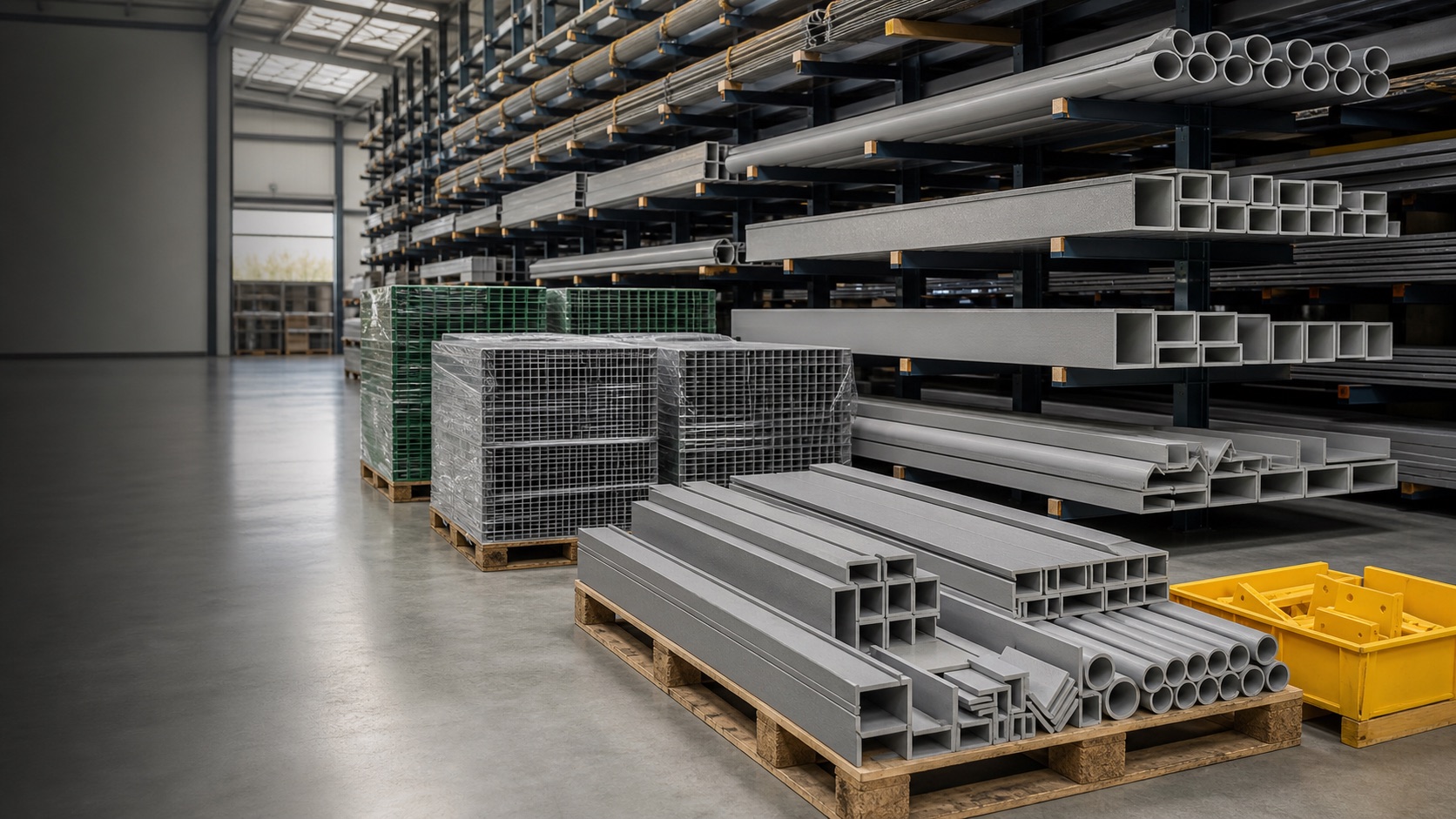 Organised GRP grating panels and structural profiles in a distribution warehouse