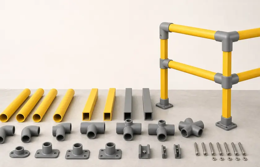 Yellow and grey GRP handrail tubes, posts and moulded fittings